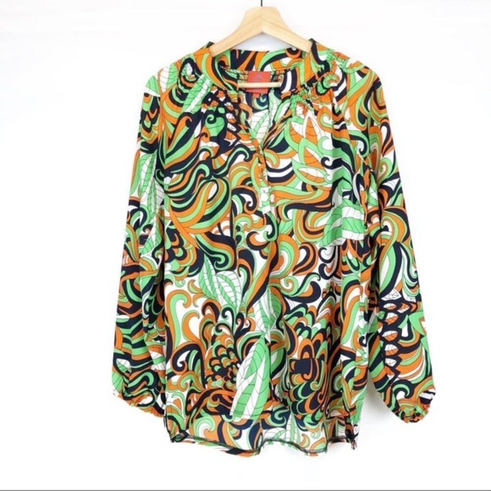 Anthropologie Colorful Geometric Green Leaf Print Lightweight Spring Blouse M‎